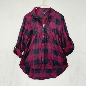 NEW Rock & Republic Women's Pink and Black Plaid Rayon Button-Down Shirt P324